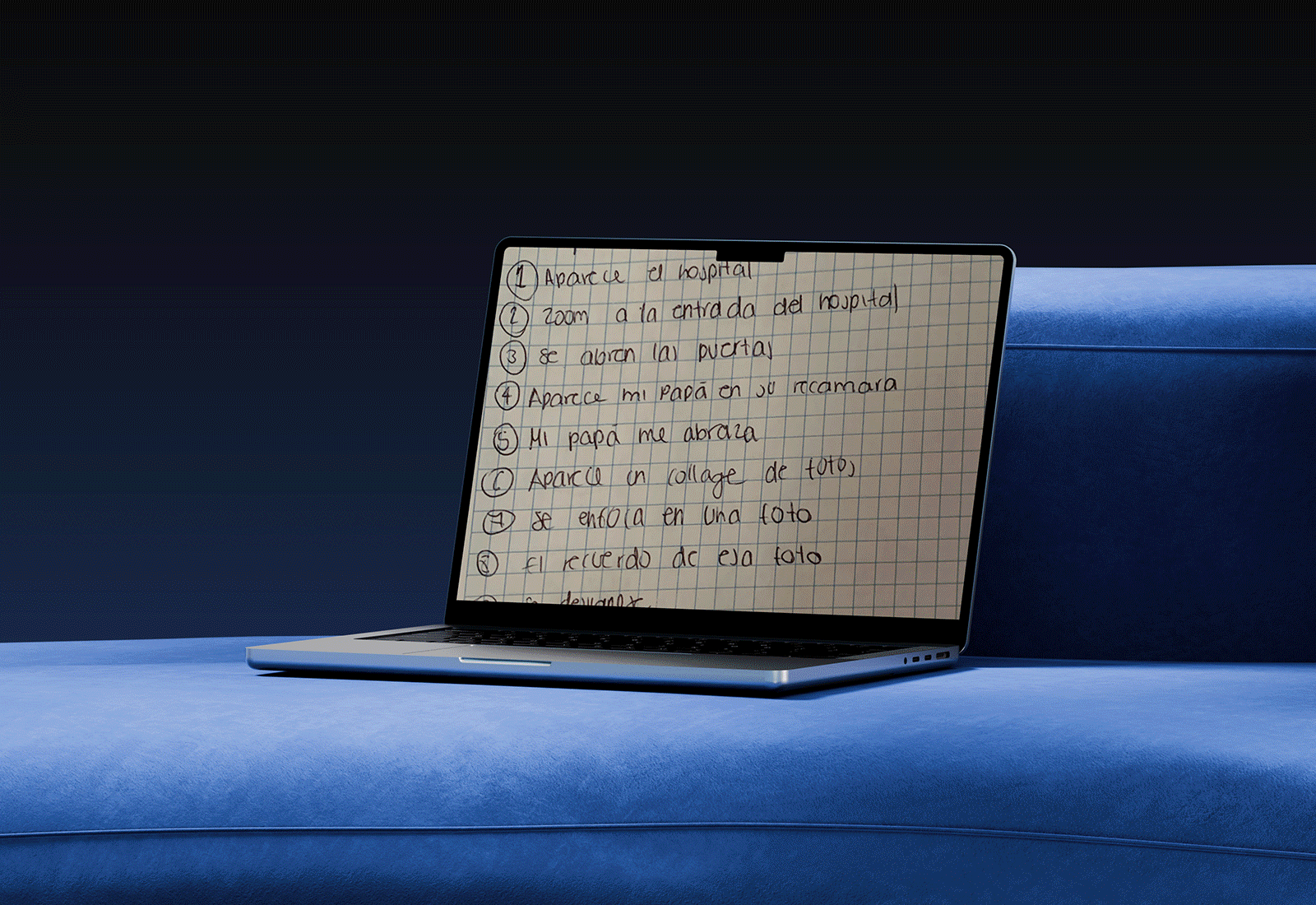 Proceso narrativo de Adiós papá presentado en una computadora