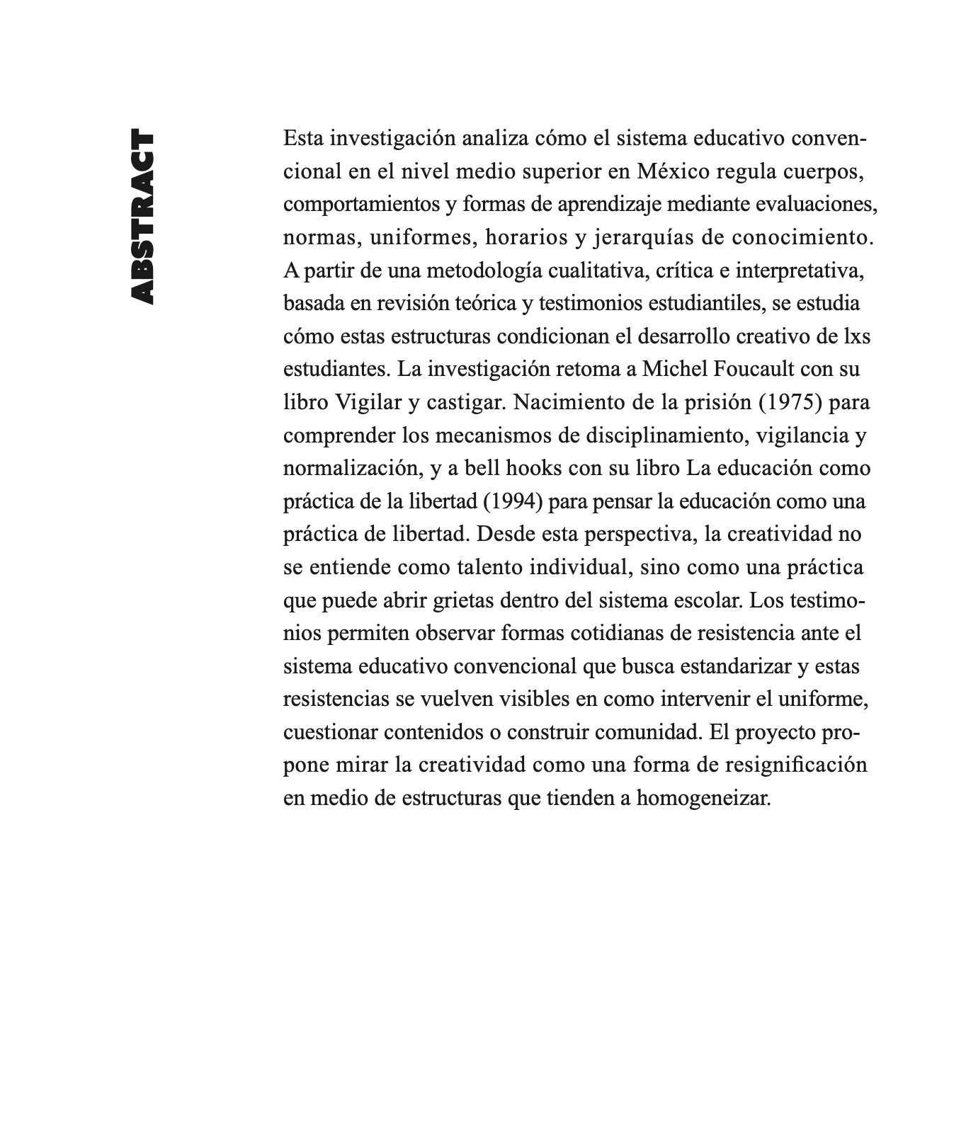 Página del abstract de la investigación: analiza cómo el sistema educativo medio superior en México regula cuerpos, comportamientos y formas de aprendizaje, con Foucault y bell hooks como referentes