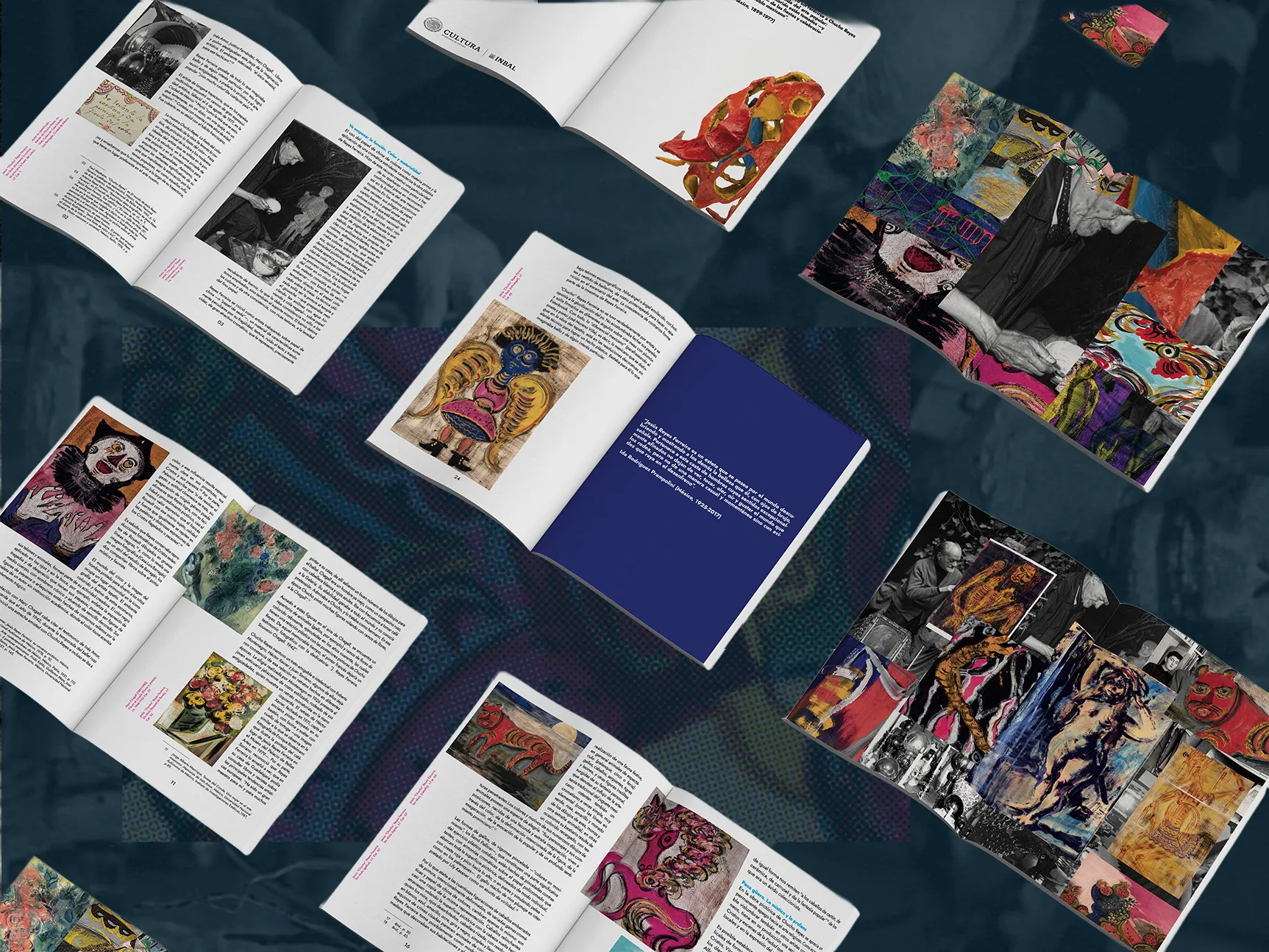 Varias dobles páginas del catálogo: lectura, citas sobre fondo azul y collages de obra y archivo