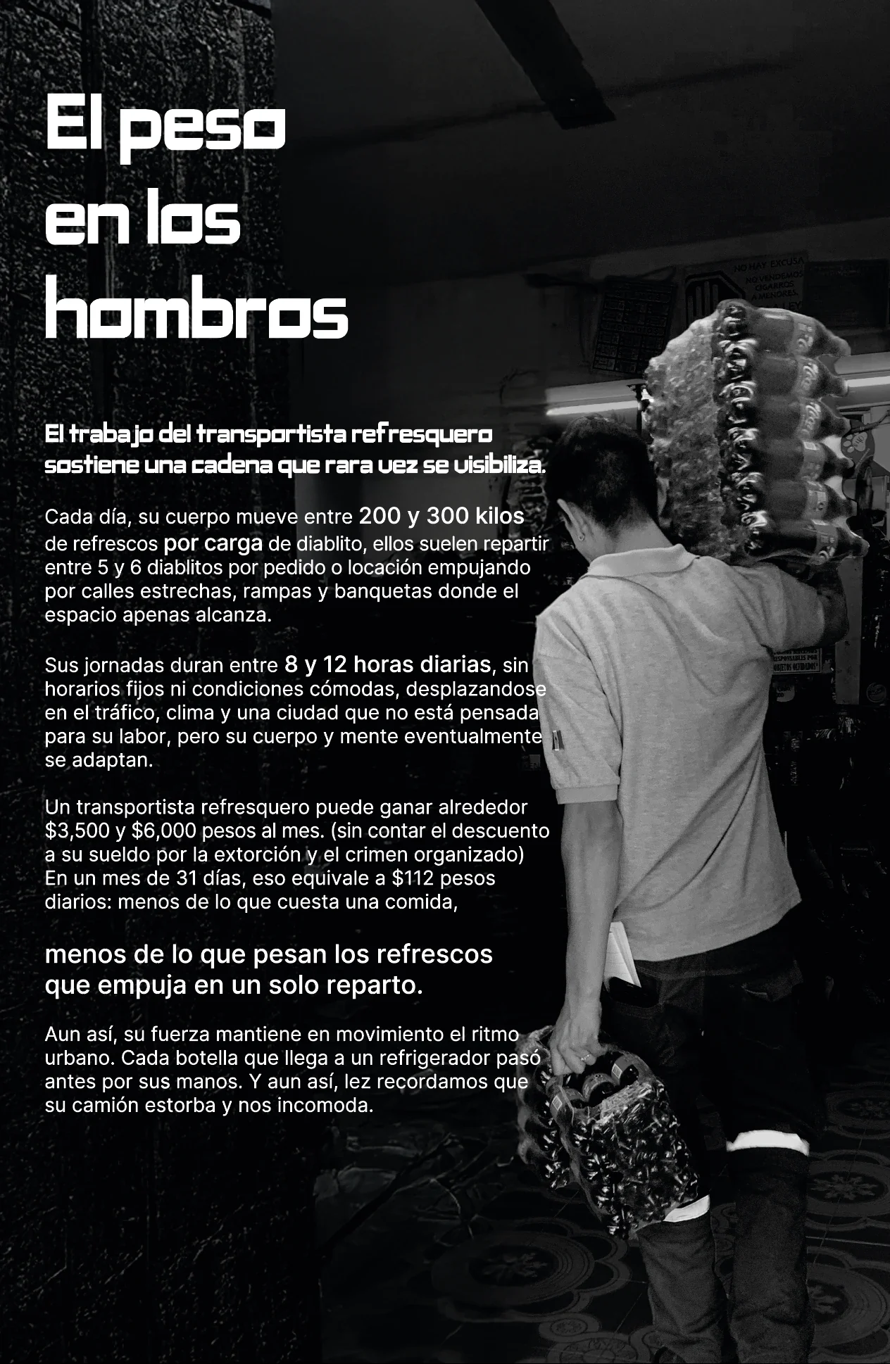 Página editorial «El peso en los hombros»: un repartidor carga paquetes de refrescos al hombro