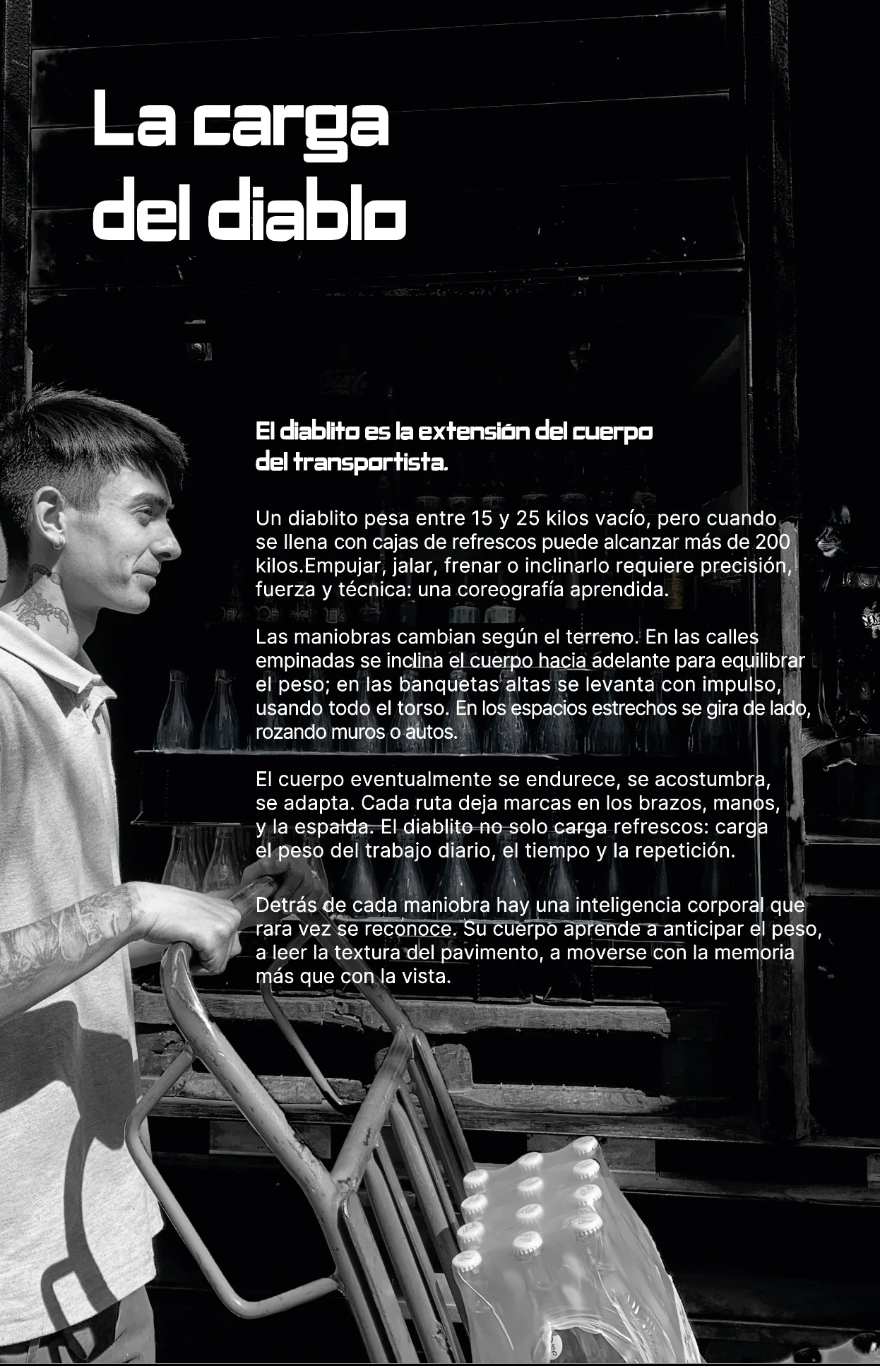 Página editorial «La carga del diablo»: un repartidor empuja su diablito