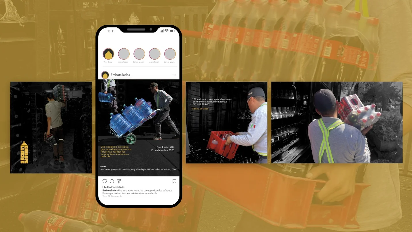 Publicación de Instagram que anuncia la instalación interactiva, junto a fotos de repartidores