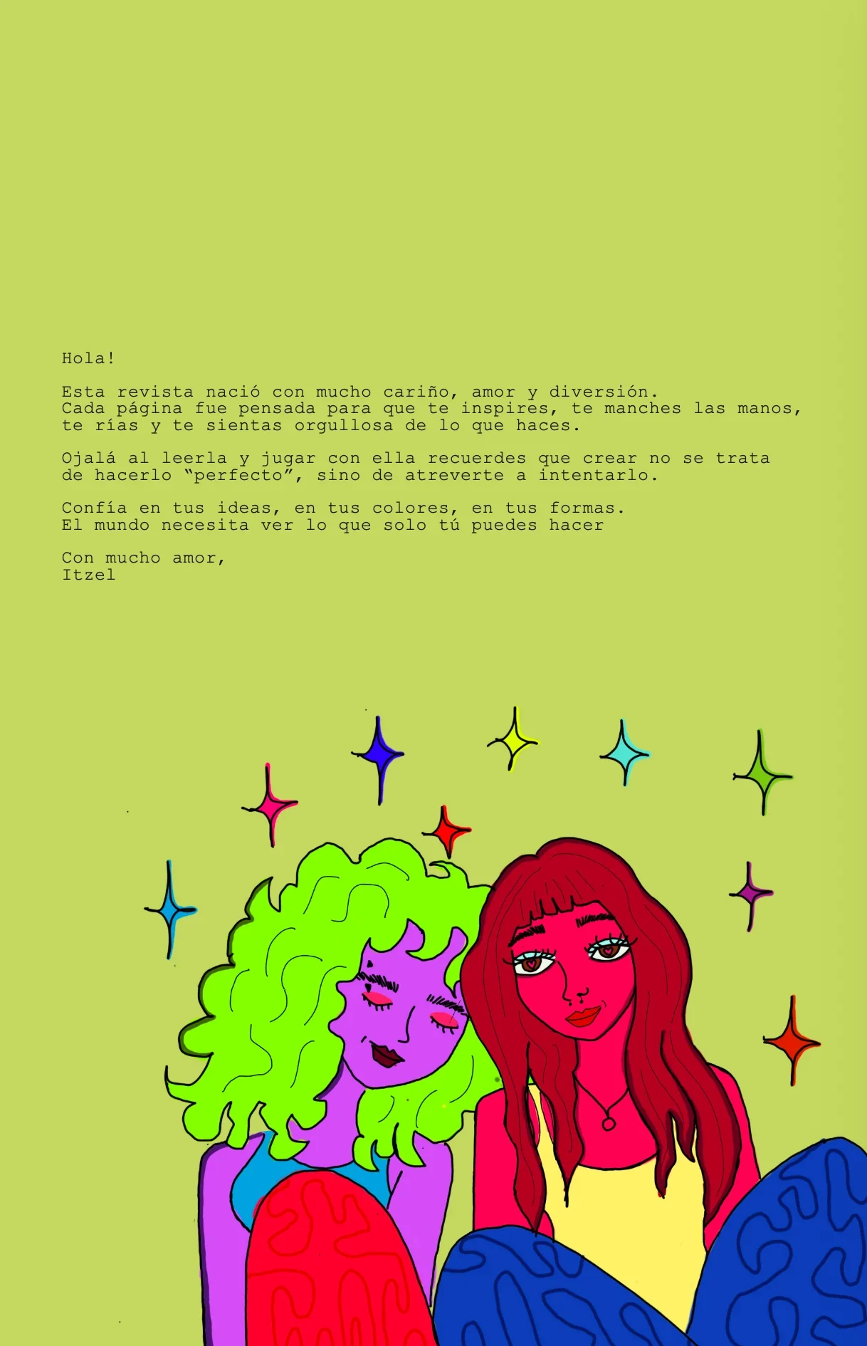 Carta de bienvenida de la revista, firmada por Itzel, con dos chicas abrazadas y estrellas de colores