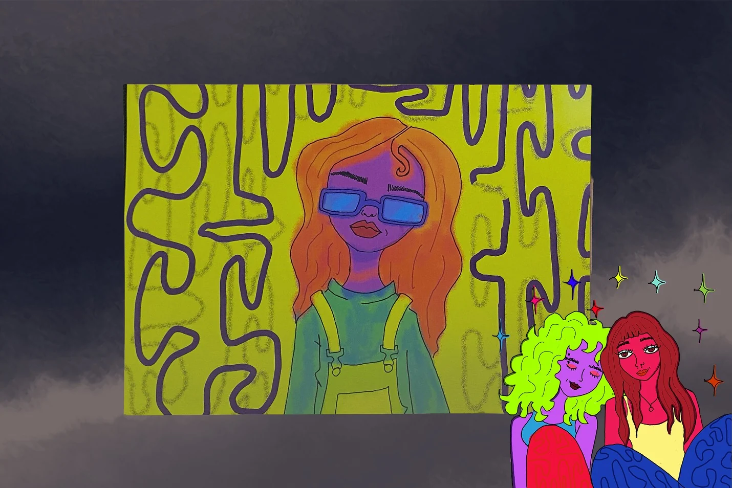 Ilustración de una chica con lentes azules sobre fondo amarillo, junto a dos amigas abrazadas