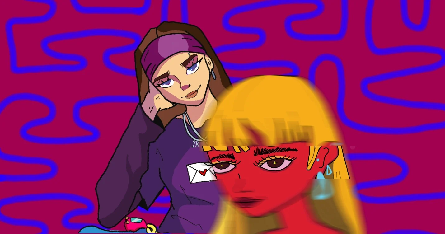 Ilustración de dos chicas sobre un fondo magenta con trazos azules