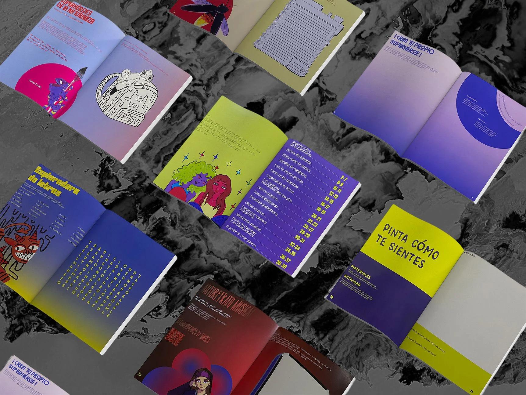 Varias dobles páginas de la revista abiertas sobre una mesa: índice, actividades e ilustraciones