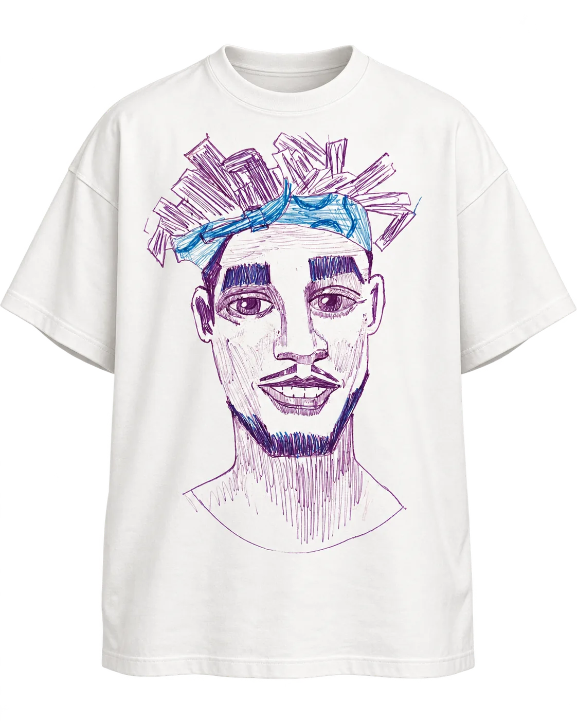 Camiseta con un retrato dibujado a bolígrafo morado y azul