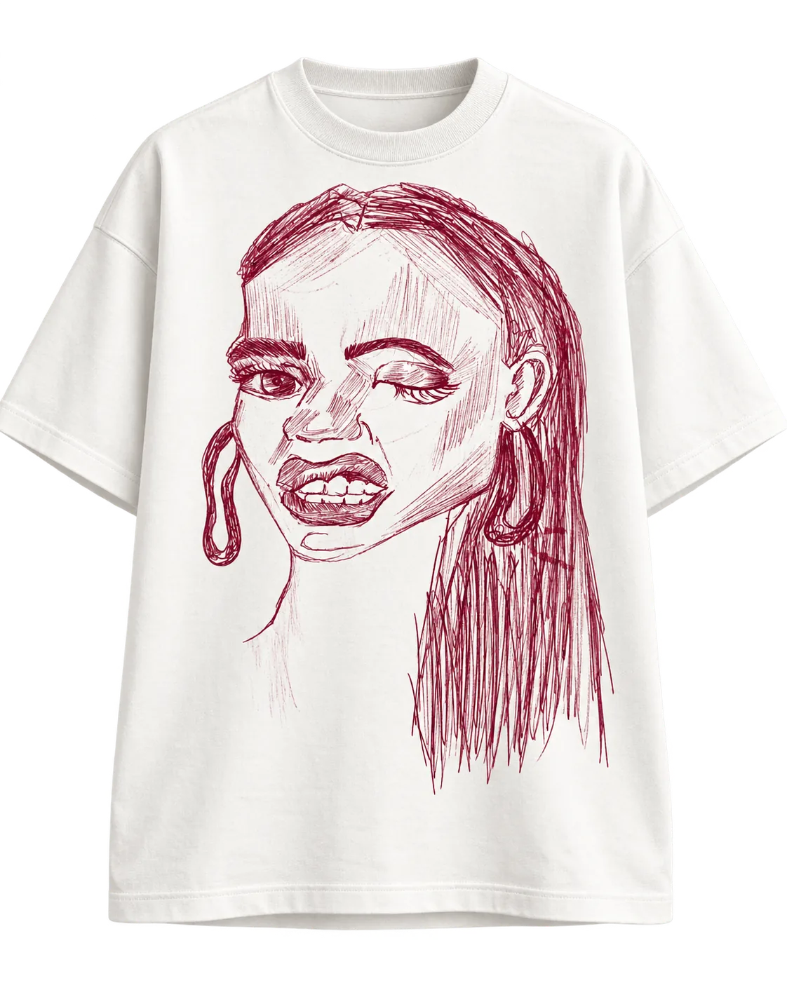 Camiseta con un retrato dibujado a bolígrafo rojo