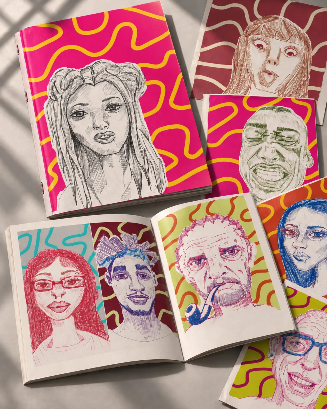 Varios fanzines de la serie, uno abierto por una doble página de retratos