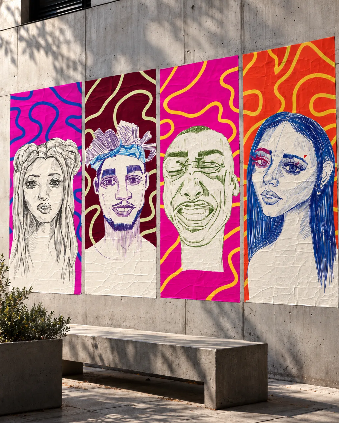 Mural con cuatro retratos pegados sobre un muro de concreto