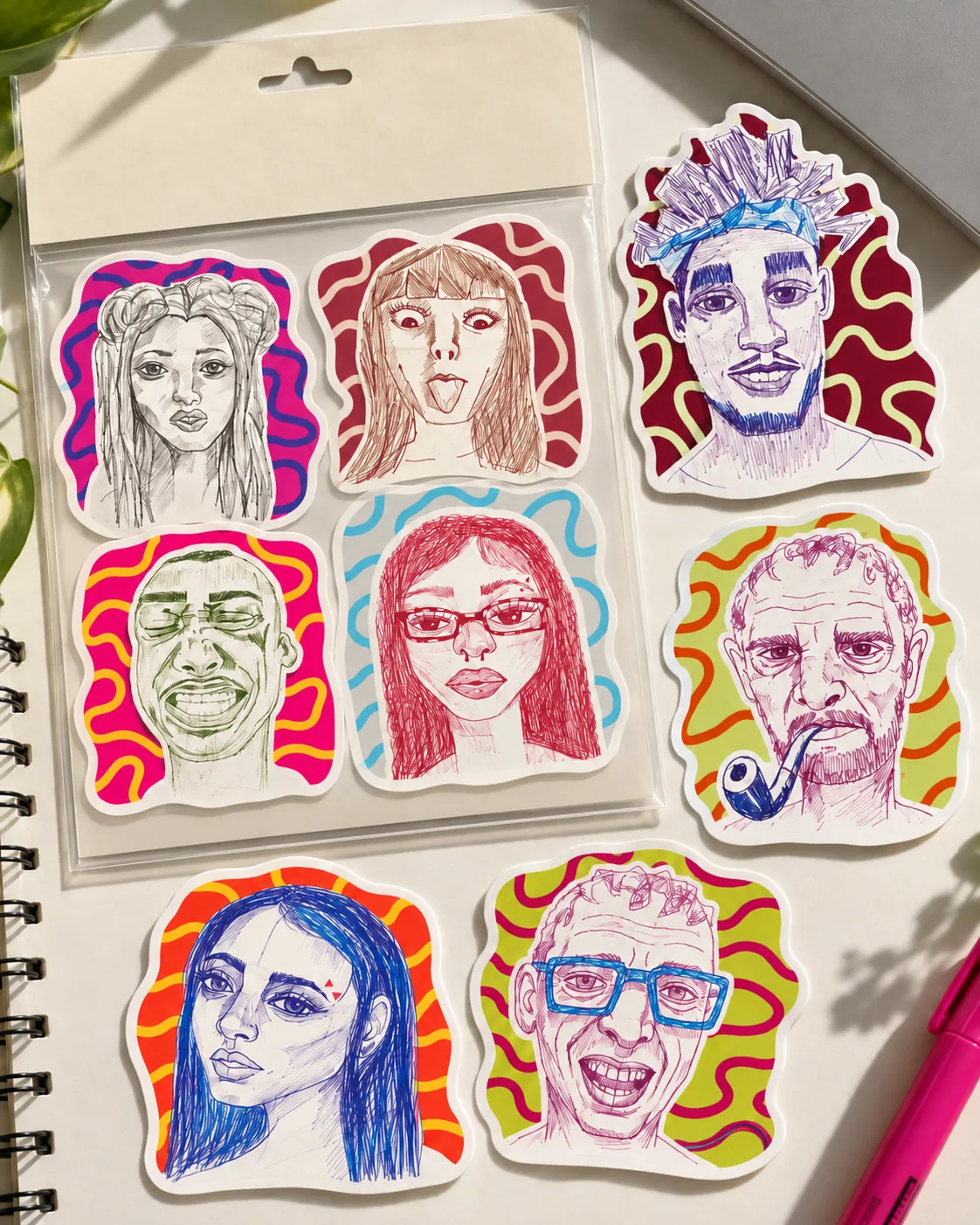 Paquete de calcomanías con ocho retratos recortados