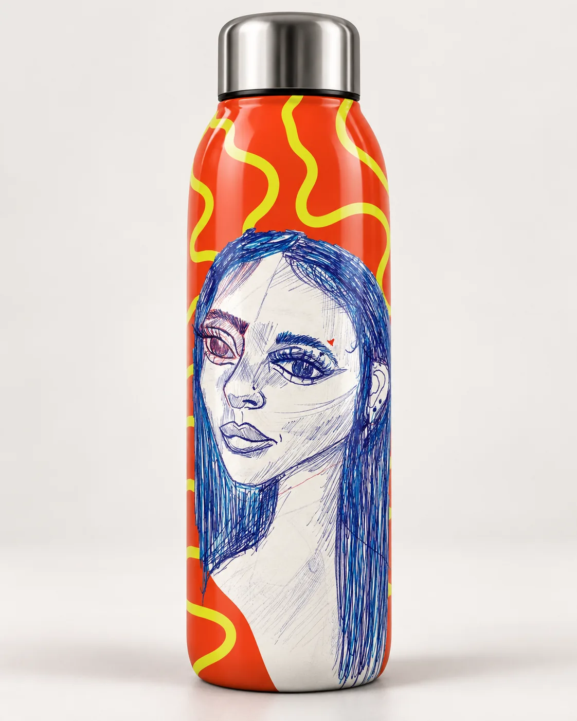 Termo rojo con un retrato de cabello azul y líneas amarillas