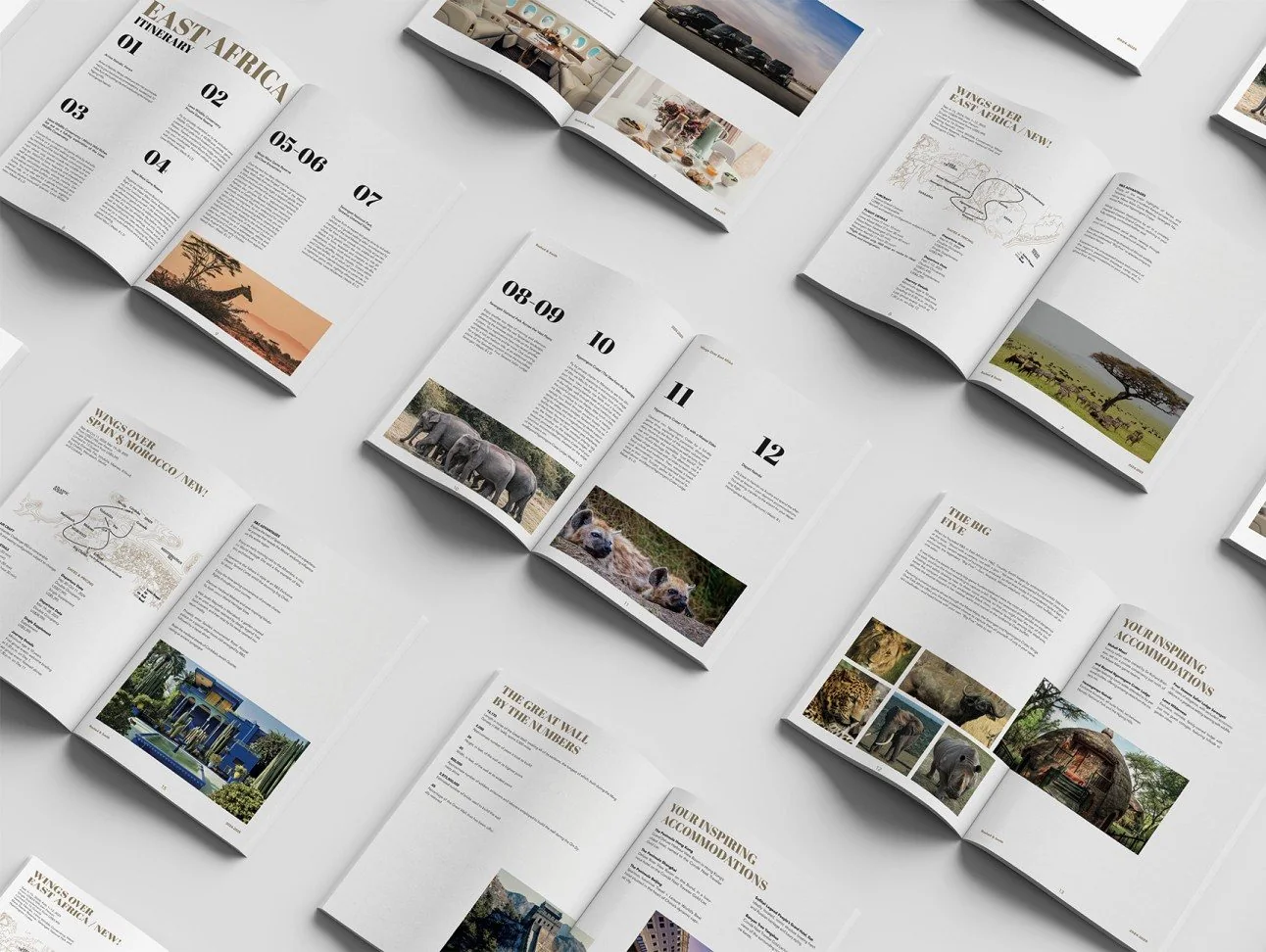 Varias dobles páginas de la revista vistas en conjunto: itinerarios, mapas y fotografía de los tres destinos