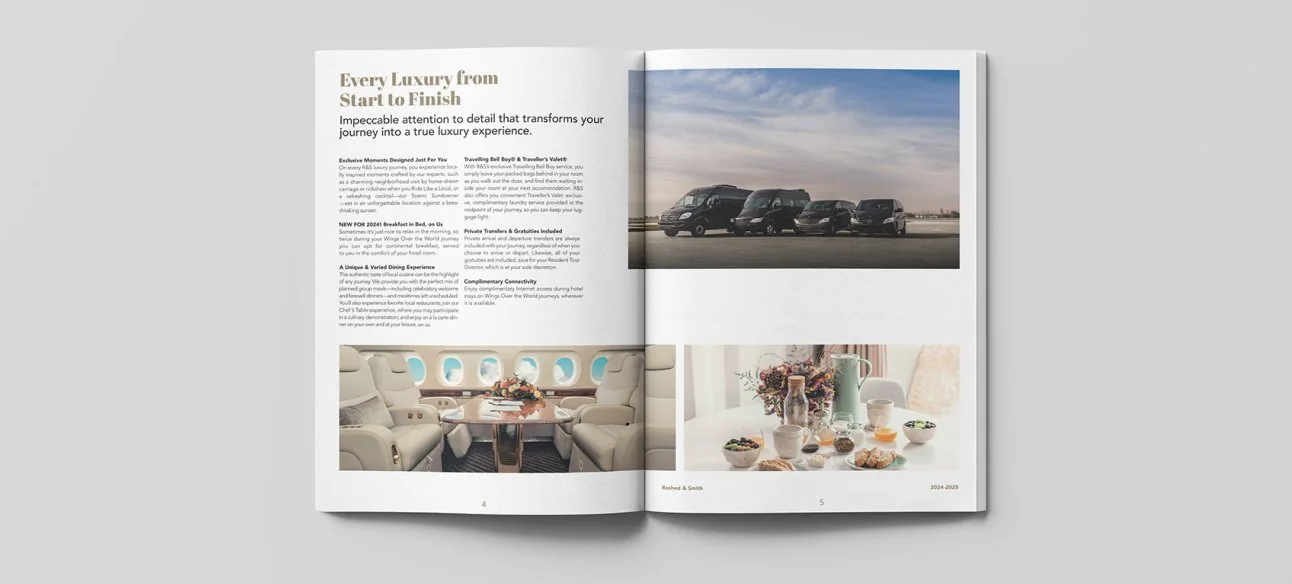 Doble página interior con el texto «Every Luxury from Start to Finish» y fotografías de la experiencia de viaje